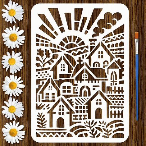 Pochoirs Peinture Maison 21x29.7 cm avec un Pinceau Pochoir Scène Campagne A4 Maison et Soleil Gabarit Dessin Réutilisable pour Bois Meuble Toile Mur Tissu Déco Projets Artisanat DIY (1/5)