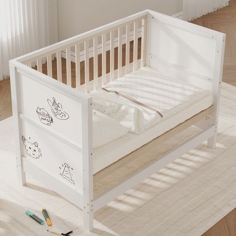 Lit bébé avec panneaux à peindre, hauteur du sommier réglable sur 3 niveaux, transformable en lit d’appoint ou canapé enfant, dimensions 120×60×90 cm, pin massif finition naturelle et laque blanche, c (1/4)