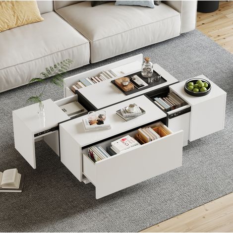 Moderner weißer quadratischer Couchtisch, Sofatisch in Patchwork-Farben mit Hochglanzoptik, 100 x 60 x 40 cm – Wohnzimmertisch mit vier Schubladen, verschiebbare Tischplatte, Tragkraft bis zu 30 kg (1/5)