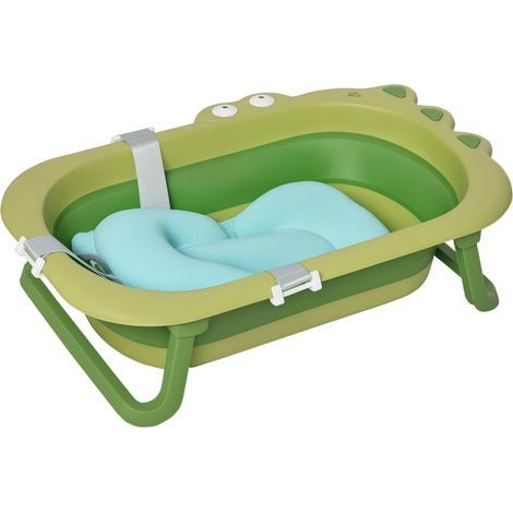 Baignoire pliable pour bébé de 0 à 3 ans avec coussin bleu ajustable et pieds antidérapants, 80 x 53,9 x 20,8 cm, verte (1/5)