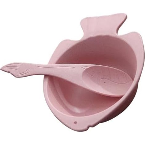 Ensemble bol et cuillère en forme de poisson, incassable, en paille de blé, rose, pour garçons et filles., pour les soupes, salades et en-cas (1/5)