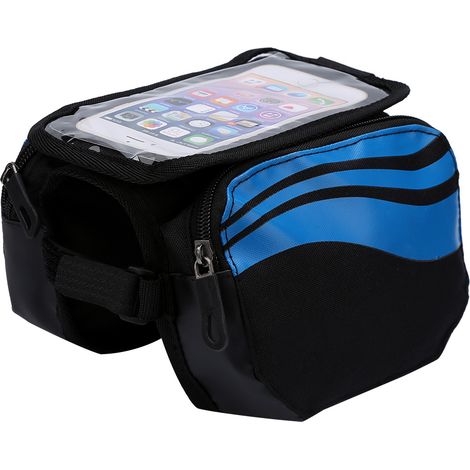 Sacoche de cadre vélo double poche, sac pour tube avant, compatible téléphone tactile écran bleu, pour smartphone. (1/5)
