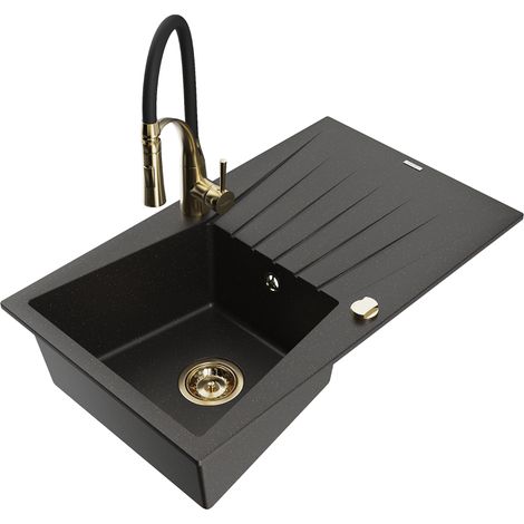 Mexen Cesar lavello in granito a 1 vasca con sgocciolatoio e miscelatore cucina Aster, nero/oro metallizzato (1/5)