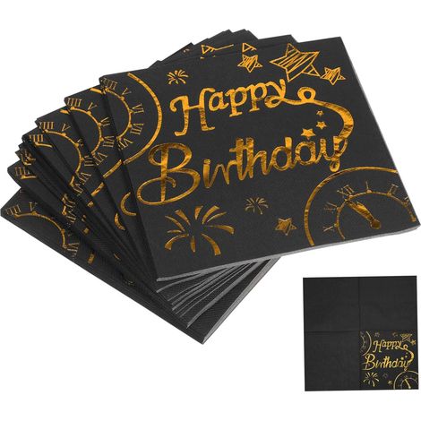 3 Paquets Serviettes D’Anniversaire Noires et Dorées en Papier, (1/5)