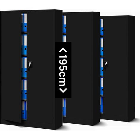 3er Set Aktenschrank C001H Büroschrank Metallschrank Stahlschrank Werkzeugschrank Stahlblech Pulverbeschichtet Flügeltürschrank Abschließbar 195 cm x 90 cm x 40 cm (schwarz/schwarz)
