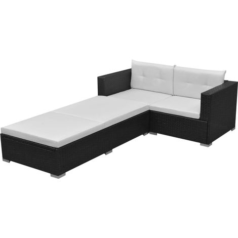 3-tlg. Garten-Lounge-Set mit Auflagen Poly Rattan Schwarz