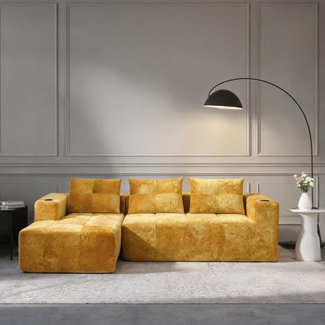 Canapé d'angle jaune en tissu chenille 258 cm 4-5 places (1/5)