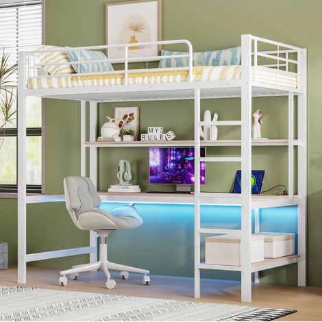Lit mezzanine métal blanc 90x200 cm avec bureau, étagères, LED, USB et prise (1/5)