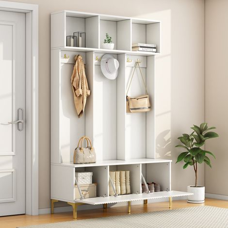 Meuble d’entrée 120 cm blanc avec banc coffre, 6 patères dorées, rangements ouverts, placards et pieds métal doré (1/5)