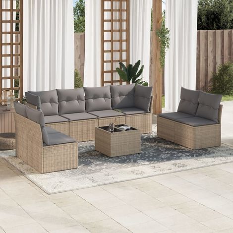 Set de sofás de jardín 9 pzas con cojines ratán sintético beige vidaXL (1/3)
