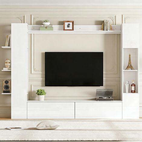 Wohnwand 245x30x170 cm Weiß aus Holzwerkstoff mit Hochglanzfront, TV-Schrank, Vitrine und offenen Regalen (1/5)