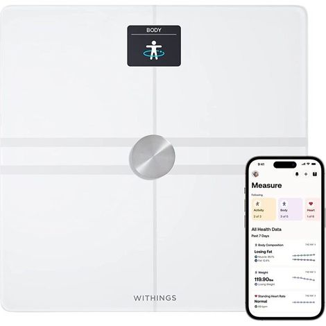 Withings Body Comp - Bilancia pesapersone digitale WiFi e bluetooth con analisi corporea completa: peso, grasso corporeo, grasso muscolare, acqua e tracciamento cardiovascolare, colore bianco (1/10)