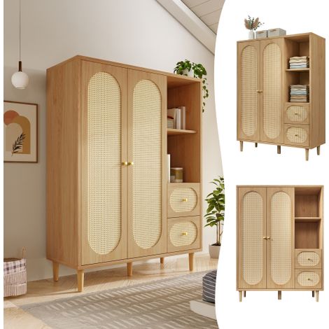 Armoire en chêne de style rustique (161 x 120 x 44 cm, bois massif) dotée de deux portes, deux tiroirs, d'étagères ouvertes et d'une tringle de penderie  idéale pour les chambres ou les entrées  facil (1/5)