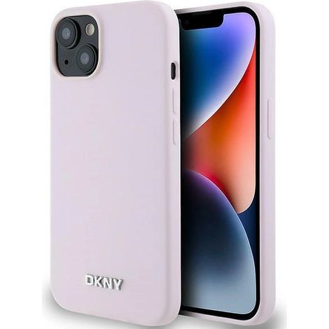 Funda rígida rosa/rosa DKNY DKHMP14SSMCHLP para iPhone 14/15/136.1, de silicona líquida con pequeño logotipo metálico y compatible con MagSafe. (1/5)