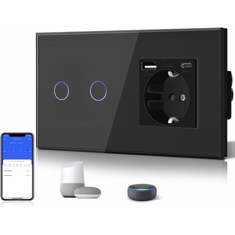 Interrupteur Tactile WiFi 2 Gang 1 Voie (Fil neutre nécessaire) avec Prise Schuko(Pas une prise française standard) USB-A et USB-C, Compatible avec et , Noir (1/5)