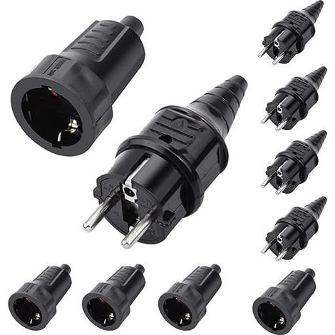 Kit Fiche Mâle + Prise Femelle 250V 16A Fiche Électrique Caoutchouc Broche IP44 Fiche d'Alimentation Étanche, Noir (1/5)