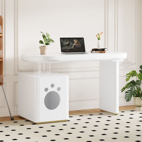 Bureau 117x50x76 cm blanc en MDF laqué avec bords arrondis et niche de rangement (1/5)