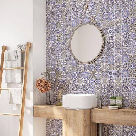 Crédence adhésive salle de bain - Motif carreaux de ciment - 60x60 cm - Adhésif BRILLANT (1/4)