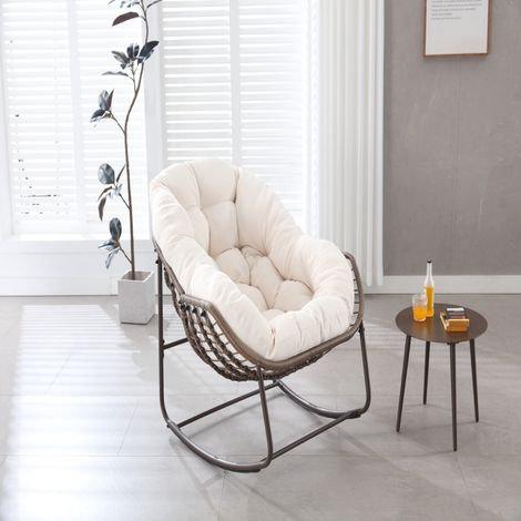 Fauteuil bascule osier blanc – Surdimensionné – Coussin épais – Intérieur/Extérieur – Balcon/Jardin/Terrasse (1/5)
