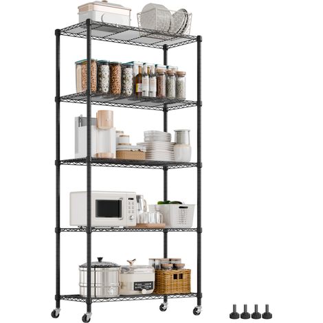 Mondeer Étagère de Rangement en Métal, 90 x 40 x 185 cm, 5 Niveaux avec Roues Amovibles, Charge 400 kg, Étagères Réglables, idéal pour Cuisine/Salle de Bain/Salon, Noir (1/5)