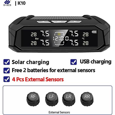 E-ace Accesorios Para Vehculos Tpms Sensor 8 Bar Smart System For Cars Truck With Intelligent System Solar Power Lcd Display( K10-External Sensors ) (1/5)