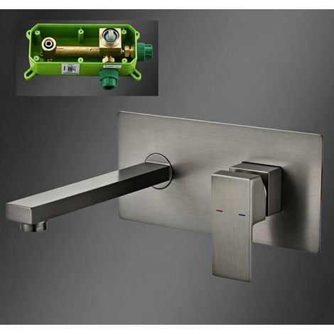 Robinet de Lavabo Encastrable Mural Gris Brossé en Laiton - Mitigeur Chaud/Froid Carré avec Boîtier d'Encastrement PPR et Bec Long 20 cm (1/5)