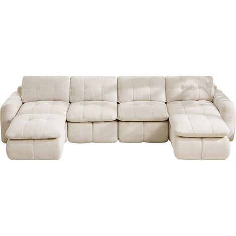 Divano modulare a U 4 posti in ciniglia beige, senza montaggio, con 2 pouf (1/5)