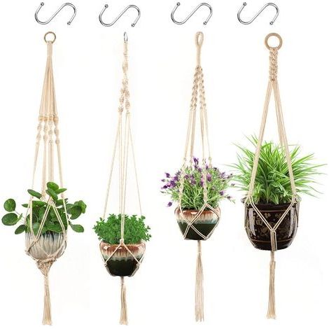 Macramé Suspension Plante Corde 4 Pcs Pot Suspendu Plante Porte Décoration du Jardin Intérieur Extérieur avec 4 Crochets Suspendus (1/5)