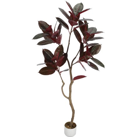 arbre à caoutchouc artificiel réaliste d’intérieur en pot blanc - Tronc naturel & mousse décorative - Facile d’entretien pour maison, salon & bureau 155cm