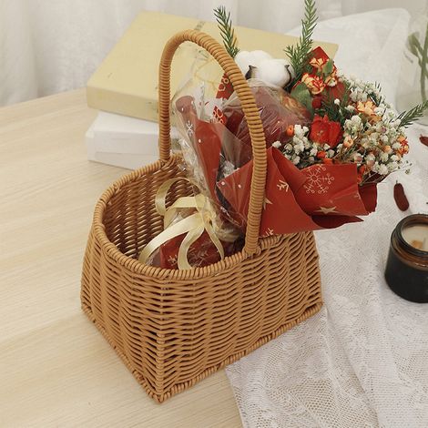 Tragbarer, gewebter Korb mit Griff aus PP-Rattan, handgeflochtener Korb für Obst, Gemüse und Geschenke, 19 x 14,5 x 28,5 cm