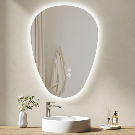 Miroir de Salle de Bain avec éclairage, 60 x 45 cm, Miroir LED asymétrique, Interrupteur Tactile, 3 Couleurs de lumière réglables, Miroir Anti-buée (1/5)