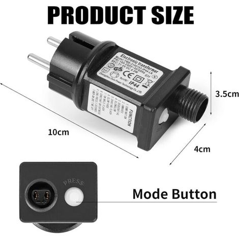 Trasformatore di alimentazione LED da 24 V 6 W, IP44, a bassa tensione, con 8 modalità di lampeggio, timer e funzione memoria per luci decorative natalizie (confezione da 2). (1/4)
