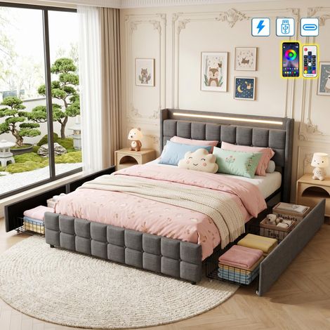 Lit Double avec 4 tiroirs 160x200 cm - LED, Ports USB et Type-C Intégrés - Sommier à Lattes, Scandinave, Gris