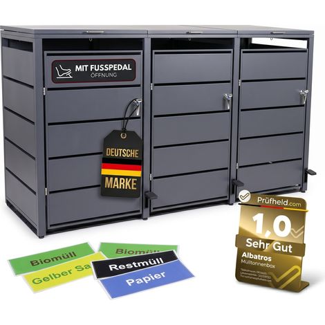 Mülltonnenbox 3er mit Pedal, 120L bis 240L, für drei Tonnen, Metallverkleidung aus verzinktem Stahl, Anthrazit Grau RAL7016 (1/5)