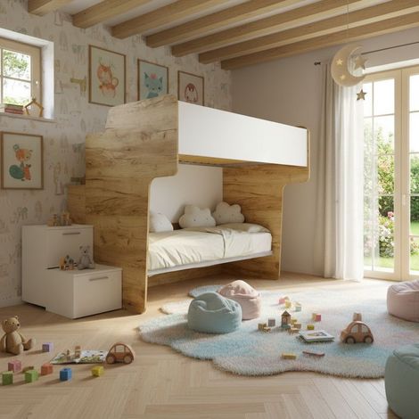 Letto a castello salvaspazio con rete superiore da una piazza e mezza e scala laterale - Quercia e Bianco (1/5)