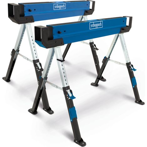 Scheppach Tréteau d'atelier pliable MWB600 - Coupe de bois - Kit de 2 pièces - 589kg de charge - 61,8-82cm de hauteur de travail - pieds antidérapants & pieds réglables (1/5)