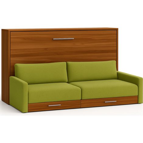 Lit escamotable horizontal avec canapé Vetal 140x190-Canapé Vert pistache-Structure et Façade Noyer (1/5)