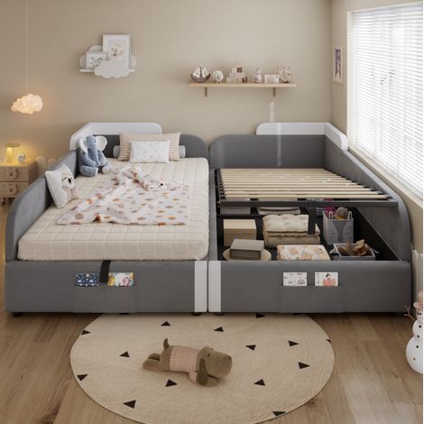 Cama infantil 90x200 cm blanca y gris de terciopelo con almacenaje hidráulico (1/5)