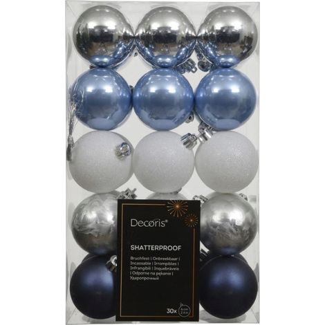 Boules de Noël incassables, grand lot de 30 pièces, 6 cm, bleues et argentées (1/3)