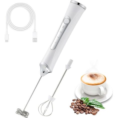 Mousseur à lait électrique portatif avec 2 têtes de mousse, rechargeable par USB, 3 vitesses (blanc) (1/5)