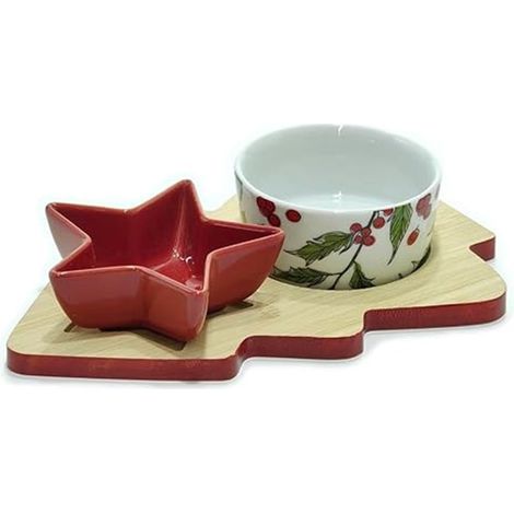 TrAdE Shop Traesio - Antipastiera 2 Posti Con Ciotole In Ceramica Base In Bambù Albero Di Natale Idea Regalo - (1/3)