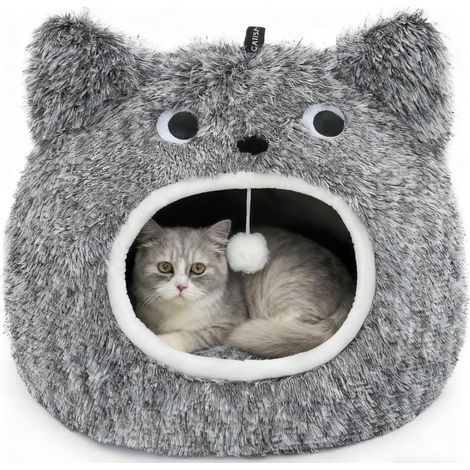 1 - Niche pour chat - Lit pour animal - Design grotte 2 en 1 - Coussin moelleux antidérapant - Intérieur salon - Gris - 50x40x35cm (1/5)