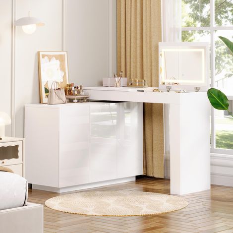 Coiffeuse en L pivotante avec lampe LED, bureau de maquillage blanc laqué, table de toilette multifonction 100x40x80 cm (1/5)