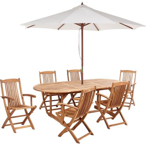 Garden Dining Set 6 Seater MAUI II with Parasol (12 Options) Acacia Wood Light Brown (1/5)