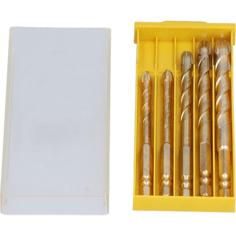 5Pcs Foret Croix Lance Tête Hexagonal Mandrin Ensemble Kit Perçage Carrelage Béton Verre Or (1/5)