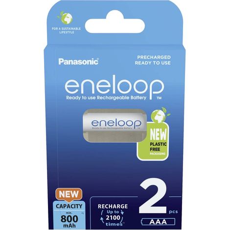 Panasonic eneloop Batterie Ni-MH pronte all'uso, AAA/Micro, Confezione da 2, Capacità minima migliorata 800 mAh, 2100 di durata di ricarica, Batterie ricaricabili, Confezione senza plastica, Blu
