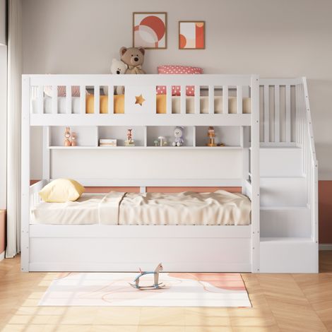 Lit superposé 90x200 cm avec lit inférieur coffre hydraulique, escalier de rangement, étagères, barrière haute, pin, contreplaqué et MDF, blanc (1/5)