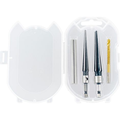Juego de 5 escariadores cónicos manuales (3-13 mm y 5-16 mm) para orificios de clavijas de puente. Mango en T desmontable. Ideal para cortar tubos de madera, plástico y PVC en guitarras.