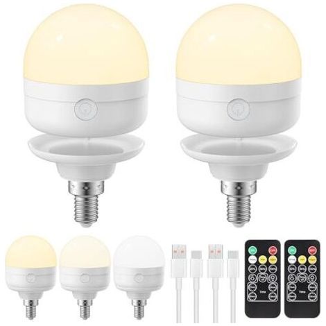 Ampoule rechargeable USB-C avec télécommande, 3 couleurs, culot E14, intensité variable, alimentée par piles, 6 W, fonction minuterie, lampe de secours magnétique, lot de 2 [Classe énergétique E] (1/5)