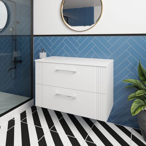 Nuie Deco Satin White 800mm Wall Hung 2 Drawer Vanity Unit with Worktop - DPF195W (1/5)